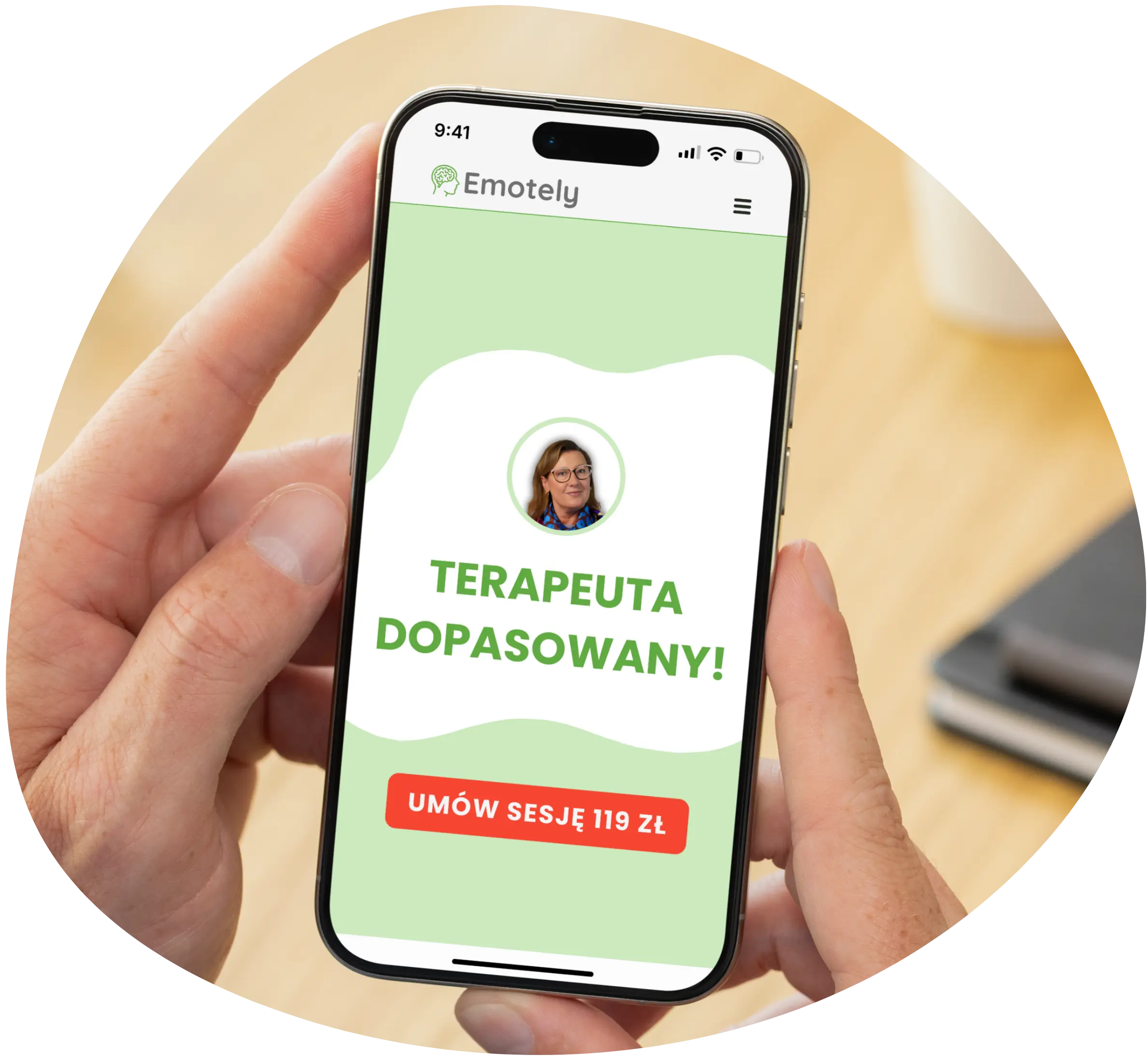 Pacjent rozwiązuje quiz dopasowujący do terapeuty w Emotely.