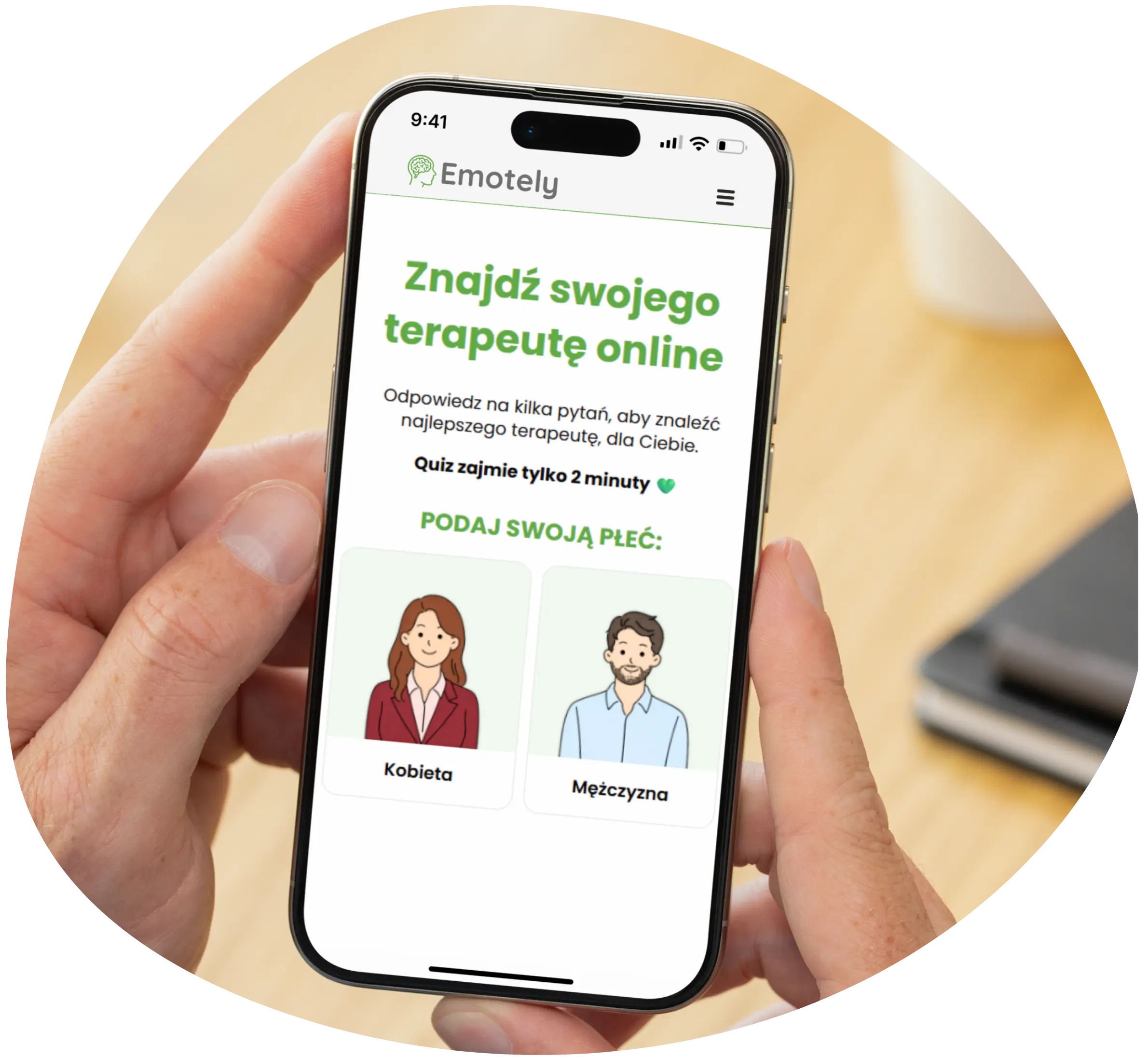 Quiz dopasowujący psychologa online w Emotely.