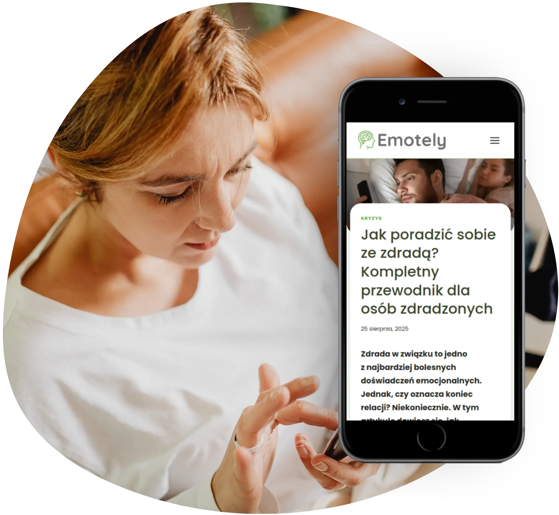 Kobieta czyta artykuł psychologiczny Emotely.